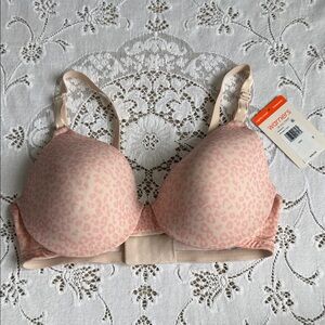 NWT Warners Women's Pink Leopard Print Bra cushioned underwire full coverage 34C